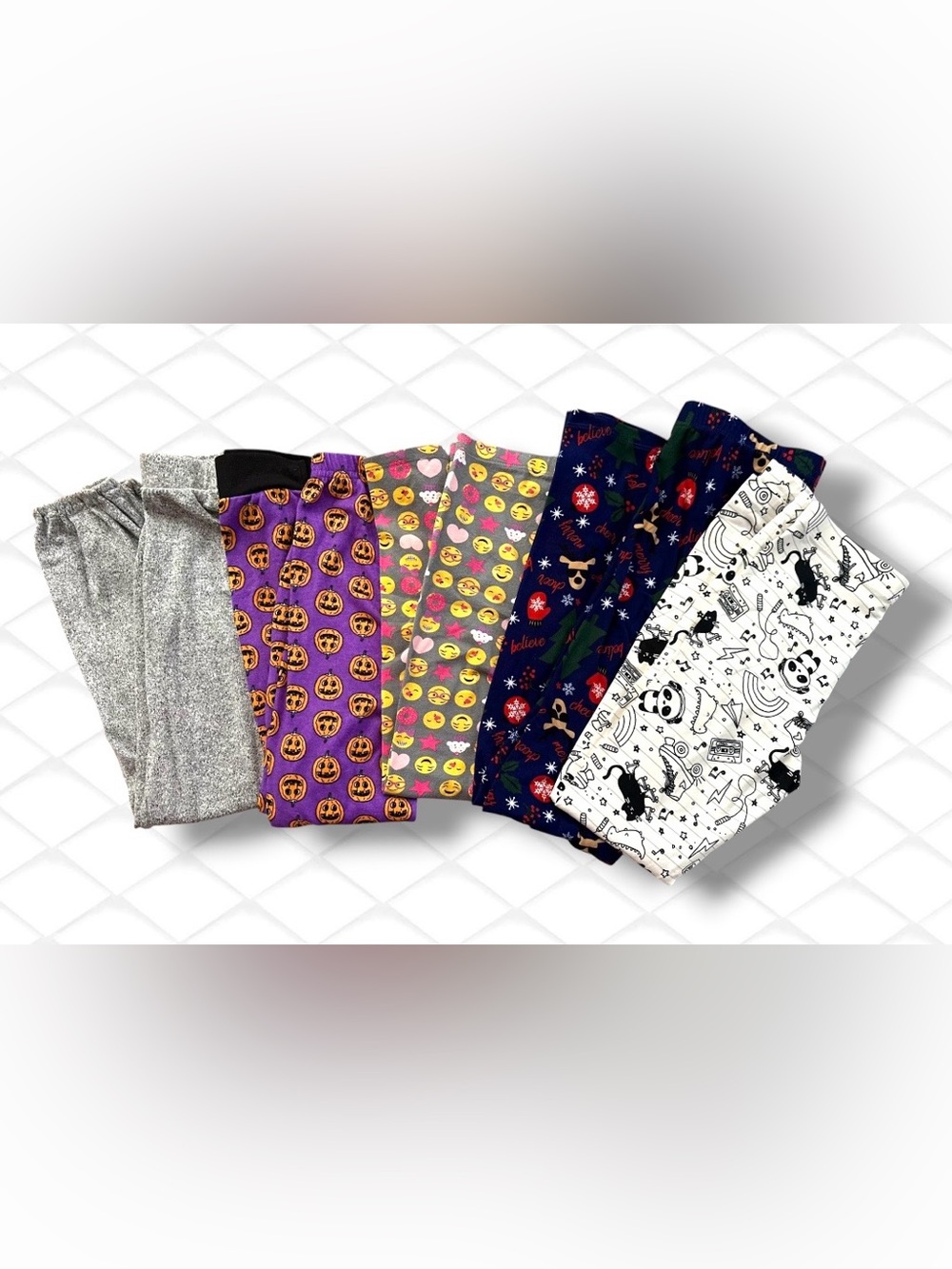 Pack of 5 Kids Fun Emoji, Reindeer, Pumpkin, & Cartoon Leggings / Pajama Pants